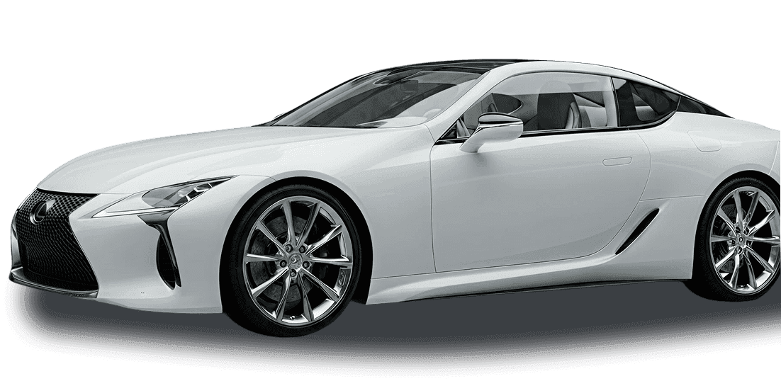 White Lexus LC luxury coupe shown in three-quarter side profile