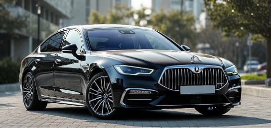 Black luxury sedan parked on a tree-lined city street